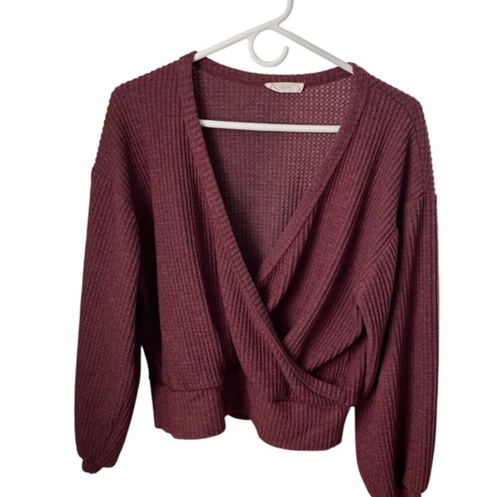 Lush Womens Burgundy Waffle Knit Surplice‎ Wrap Front Long Sleeve Top V-Neck